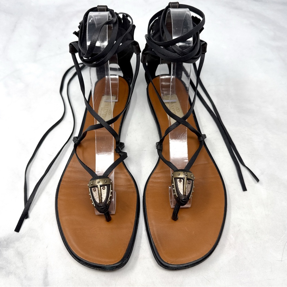 Valentino Garavani Tribe Gladiator Leather Medallion Lace Up Flat Sandals